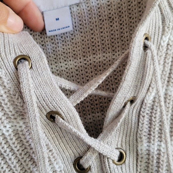 Old Navy Women's Shaker Knit Lace Up Sweater Beige/White Stripes M Bell SLEEVES - Picture 6 of 11